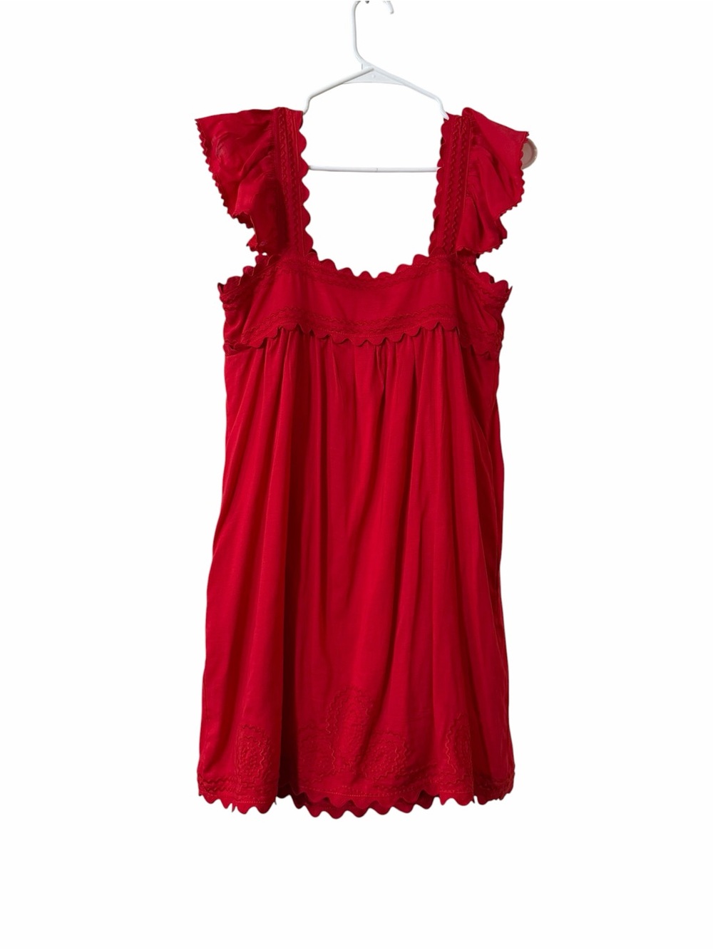 J.Marie Red Scallop Trim Babydoll Dress Small Linen Blend Flutter Sleeve - Picture 5 of 8